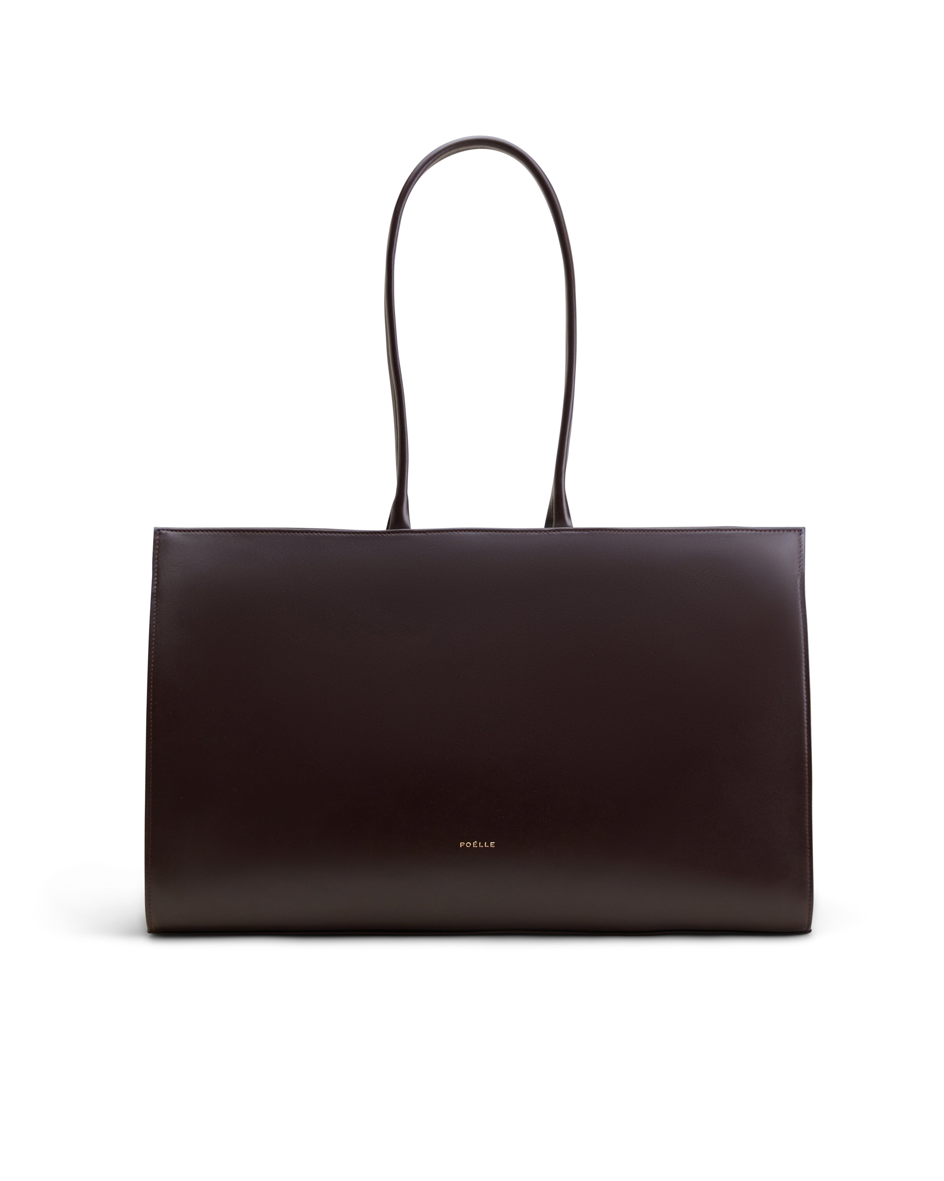 Elegancki brązowy tote bag od Poelle Atelier z długimi uchwytami i minimalistycznym designem